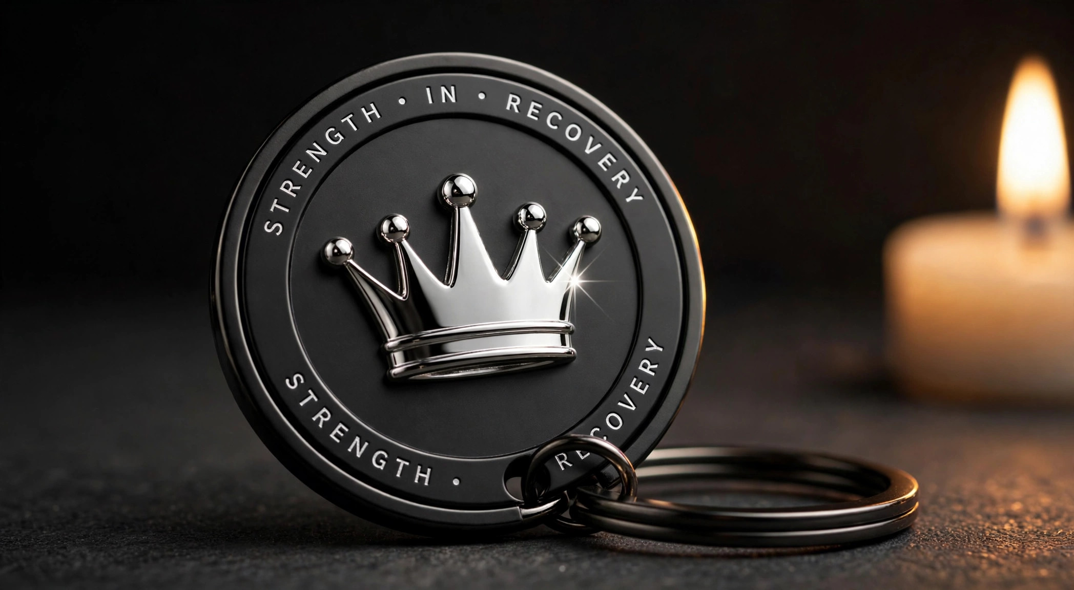 Strength in Recovery metal keychain with crown medallion