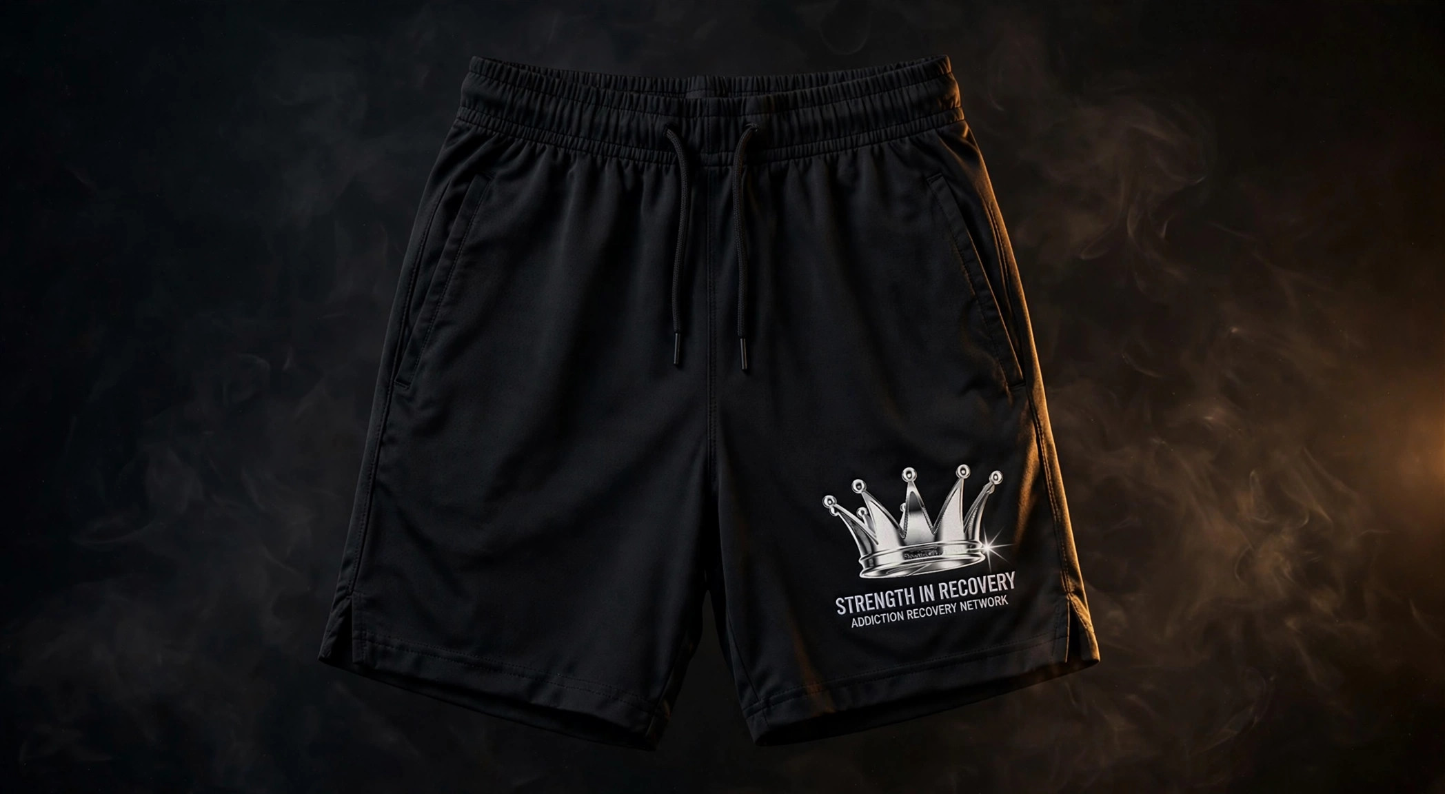Strength in Recovery black athletic shorts with crown