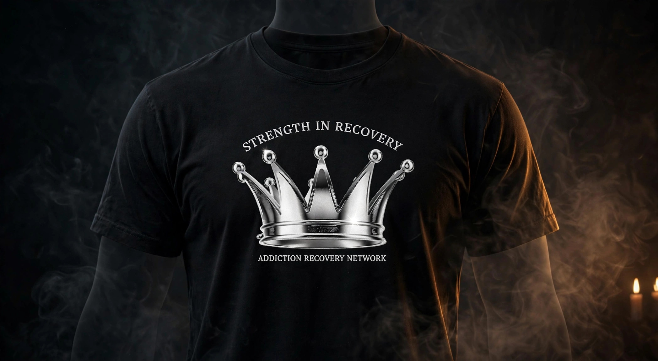 Strength in Recovery black t-shirt with chrome crown